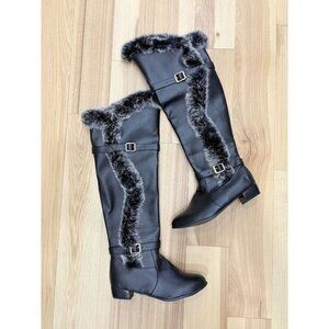 Black Over-The-Knee Faux Fur Trim Boots With Buckle Accents Size 43 11.5